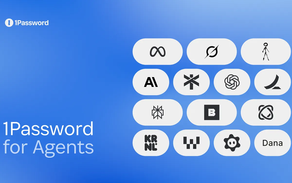 1Password for Agents announcement graphic with logos of supported AI agent apps on a blue background