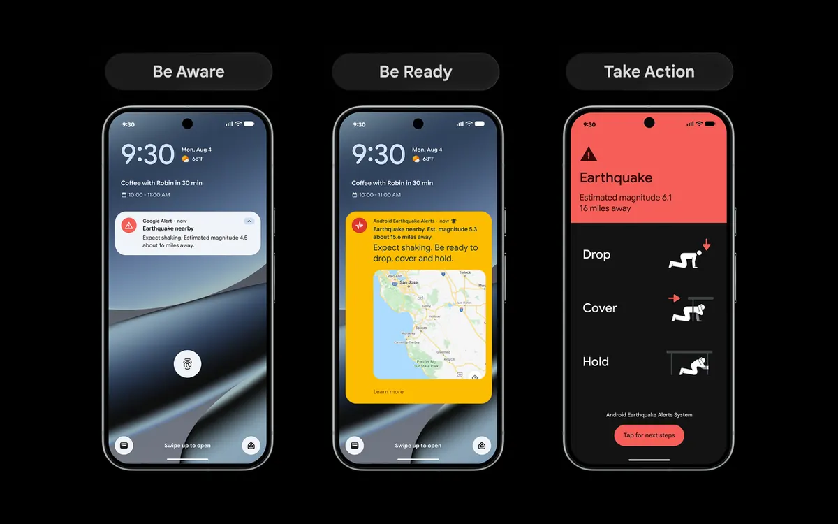 Three Android phones showing Google’s Be Aware, Be Ready and Take Action earthquake alerts