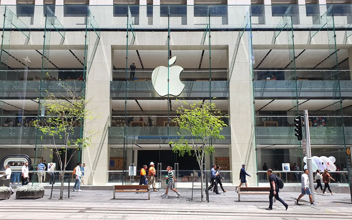 The glass front of the Apple Store on George Street in Sydney, Australia