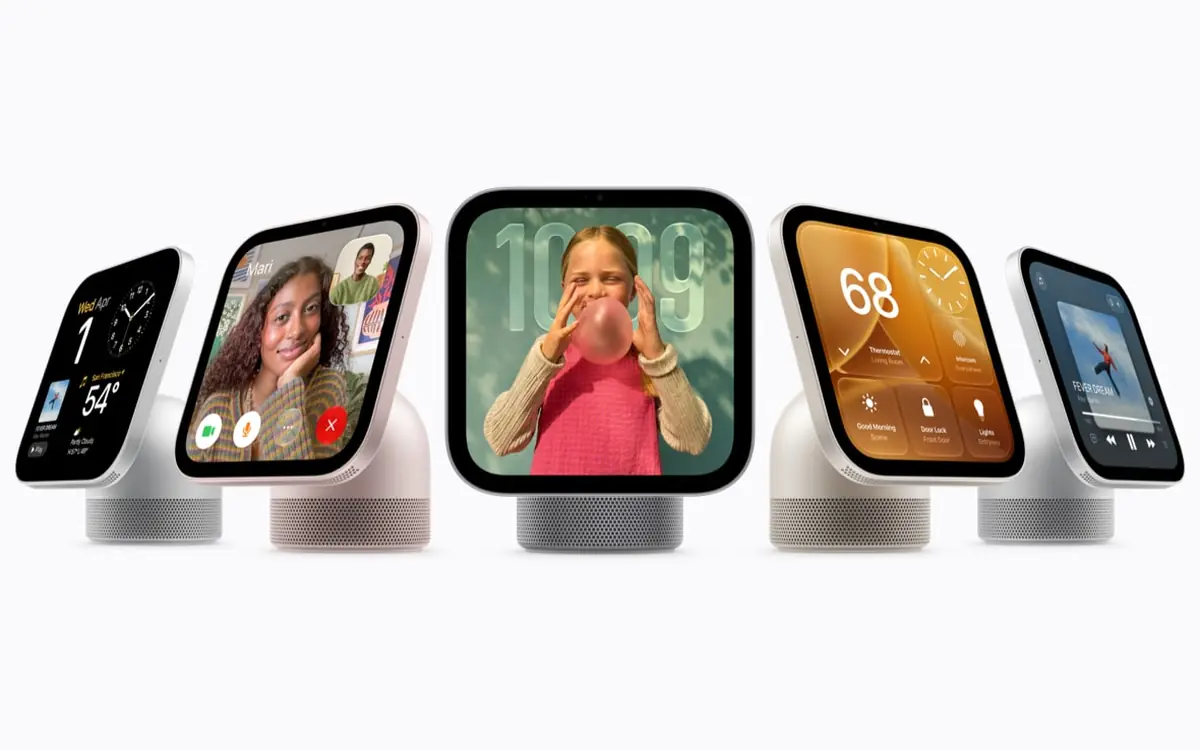 Apple HomeView smart displays in silver, starlight, rose pink and space gray, lined up side by side