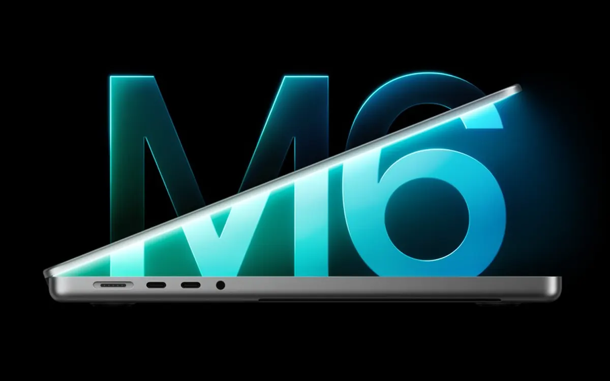 Apple 14-inch MacBook Pro with M6 shown side-on in front of a large glowing M6 logo
