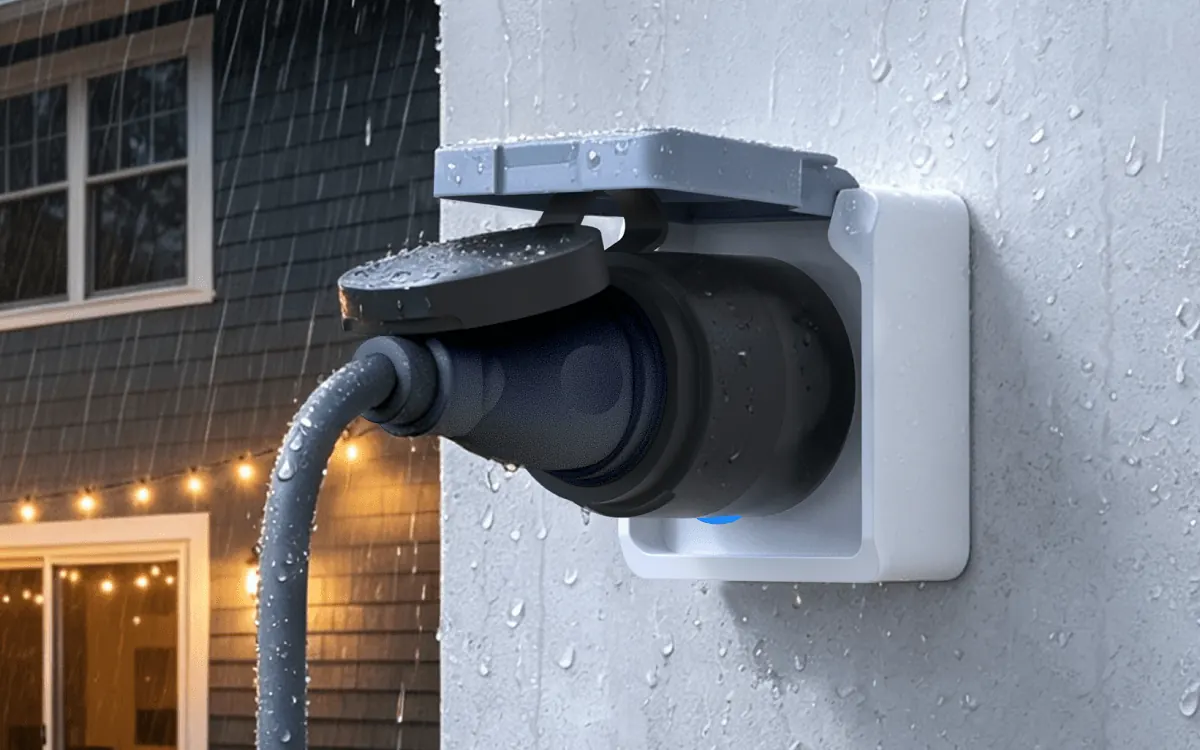 Розумна розетка Aqara Outdoor Plug H2 EU у захищеній вуличній розетці на стіні будинку під дощем