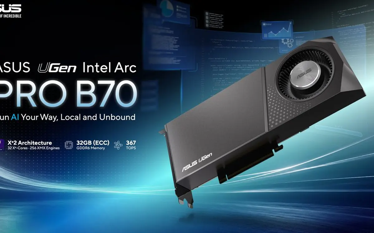 Видеокарта ASUS UGen Intel Arc Pro B70 32GB с турбинным охлаждением на синем рекламном фоне