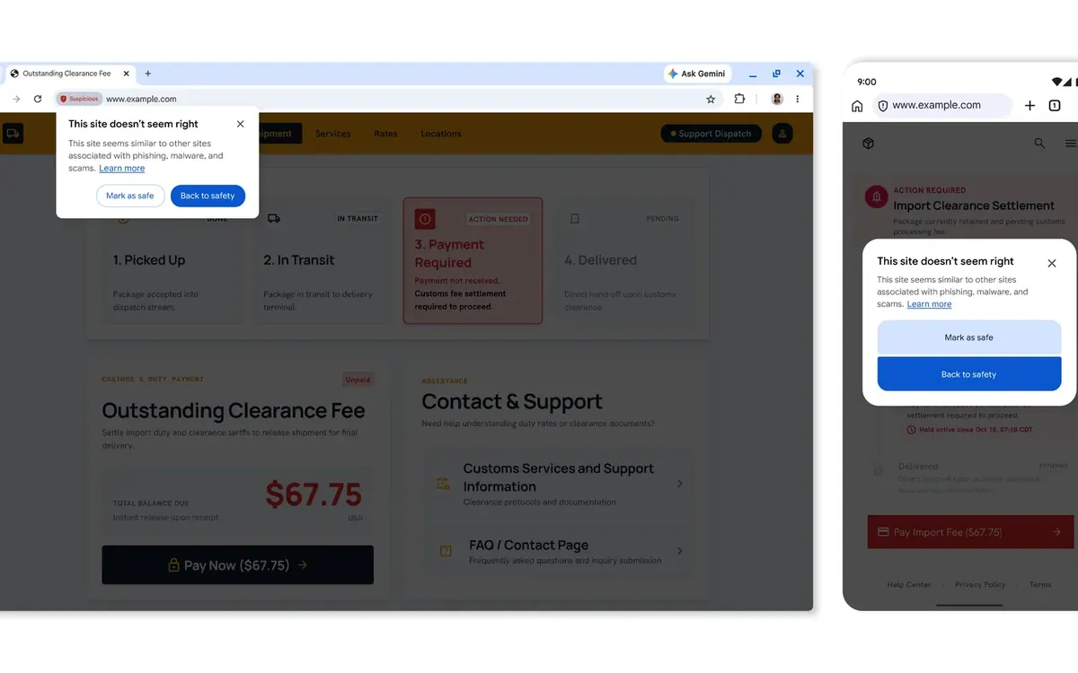 Знімки екрана Google: Chrome на комп'ютері та Android показує нове спливне попередження This site doesn't seem right з кнопками Mark as safe і Back to safety на фальшивій сторінці оплати посилки