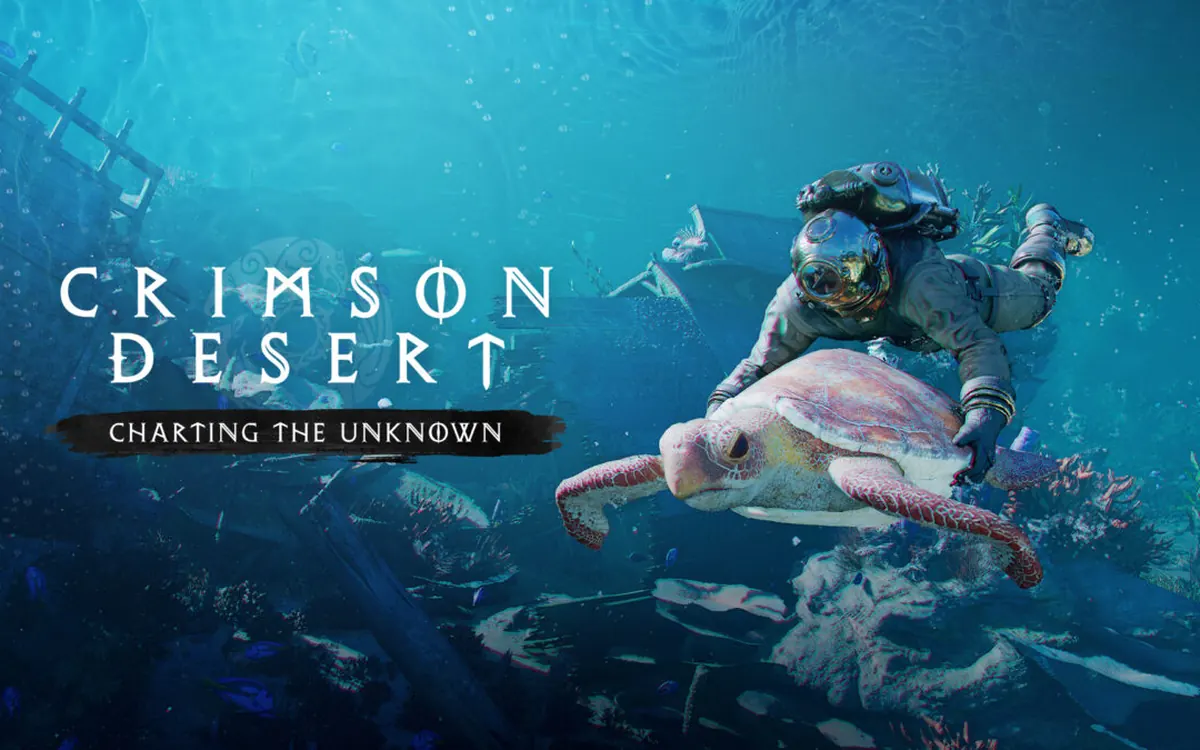 Официальный арт Crimson Desert: Charting the Unknown — дайвер верхом на морской черепахе среди подводных руин