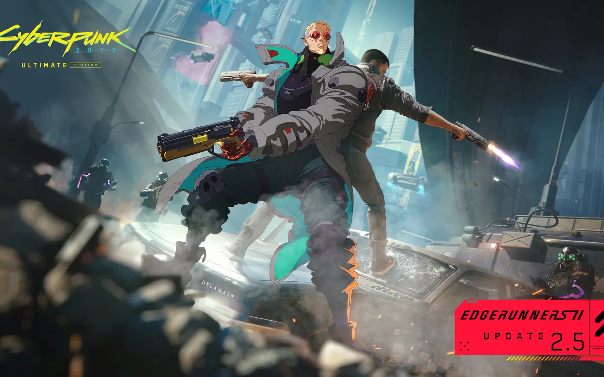 Official Cyberpunk 2077 Edgerunners 2 Update 2.5 key art: two characters firing pistols back to back amid smoke and wreckage in Night City