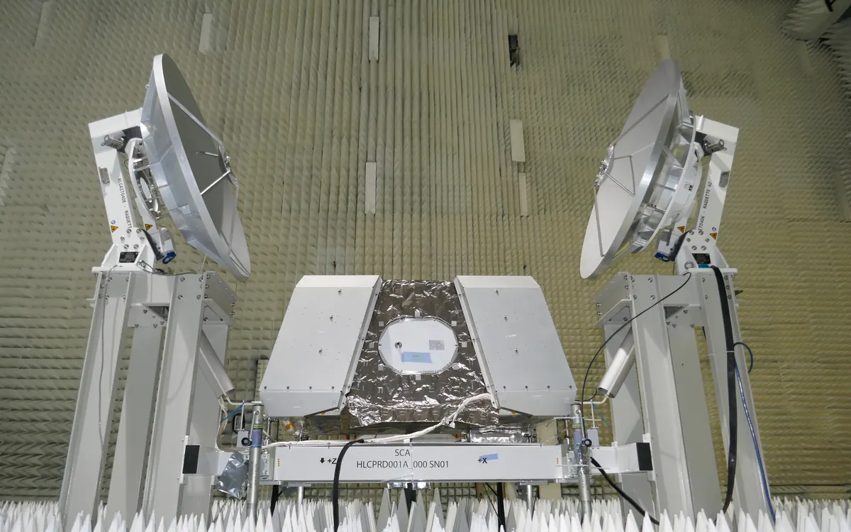 ESA's Lunar Link communications unit with two dish antennas in an anechoic test chamber at Thales Alenia Space in Cannes