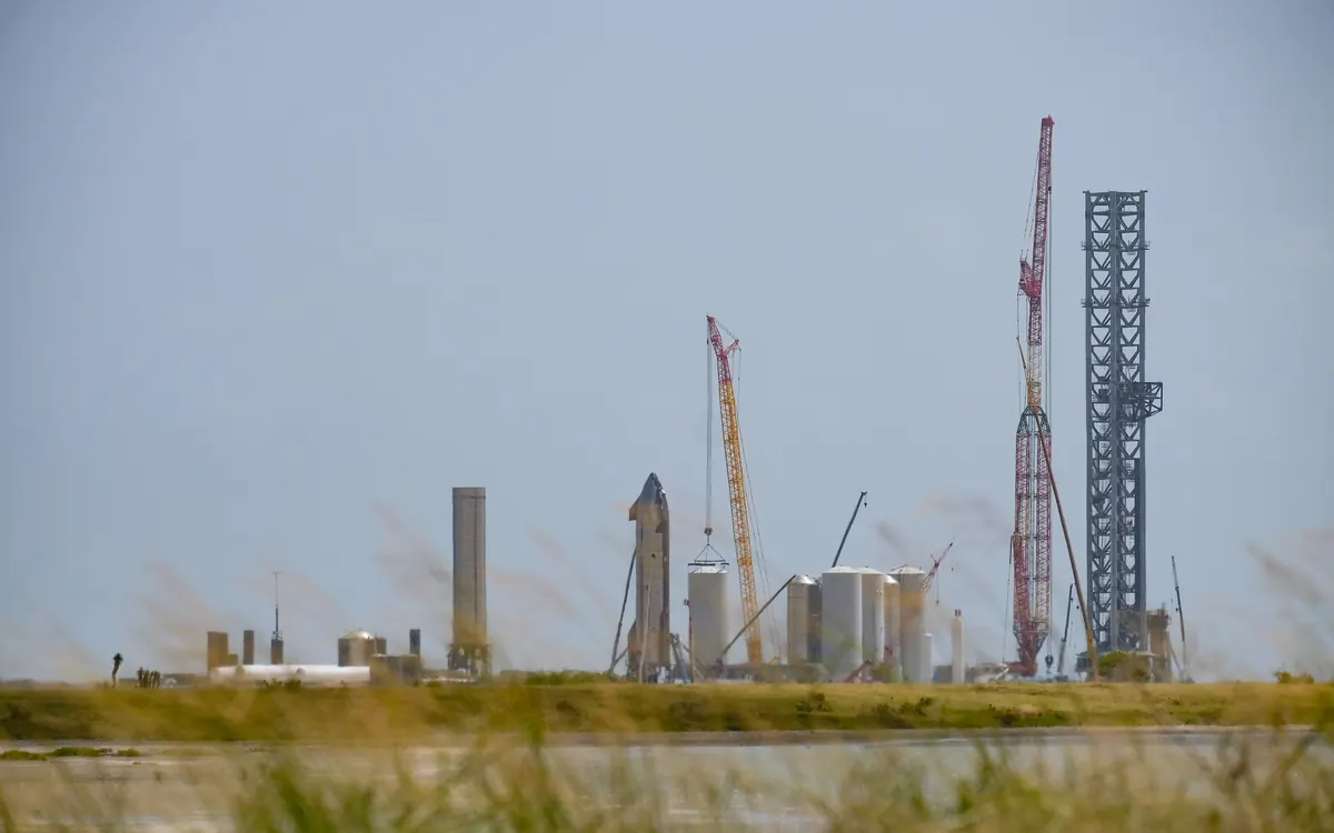 SpaceX's Starbase launch site in South Texas with the launch tower and Starship hardware