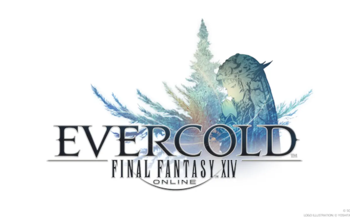 Логотип Final Fantasy XIV: Evercold с заснеженным деревом и фигурой в капюшоне, официальный арт