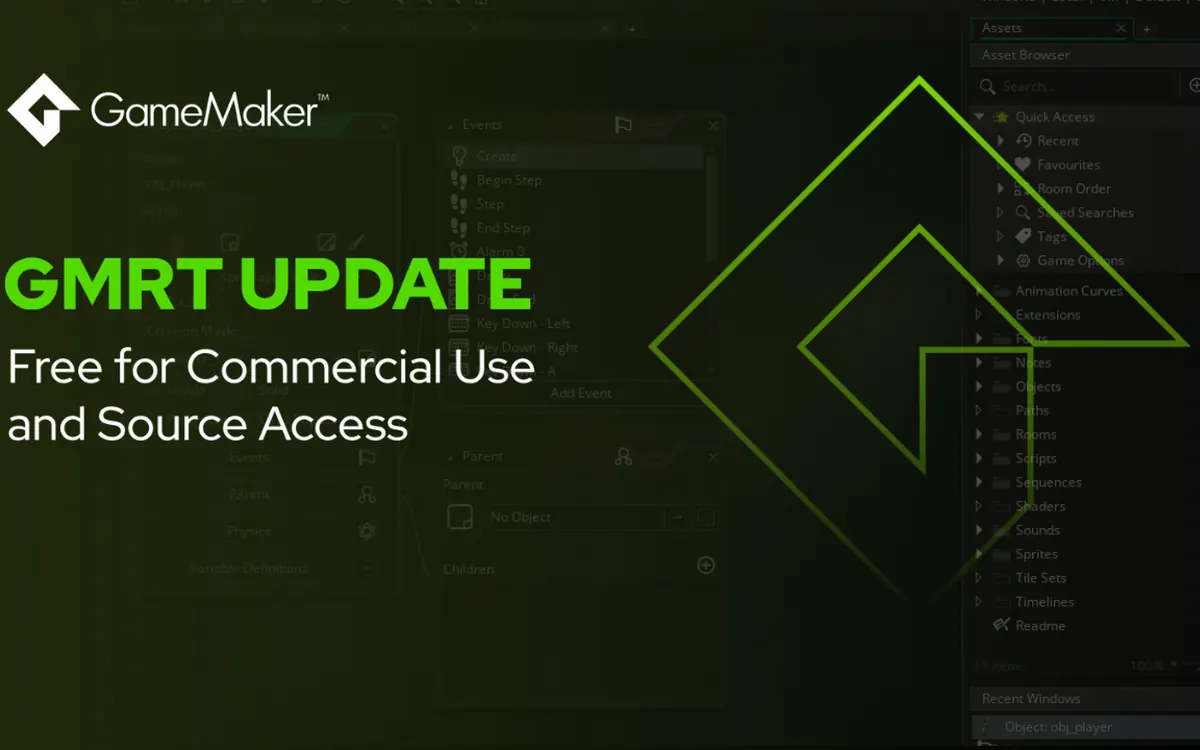 Промографика GameMaker с надписью «GMRT Update: Free for Commercial Use and Source Access»