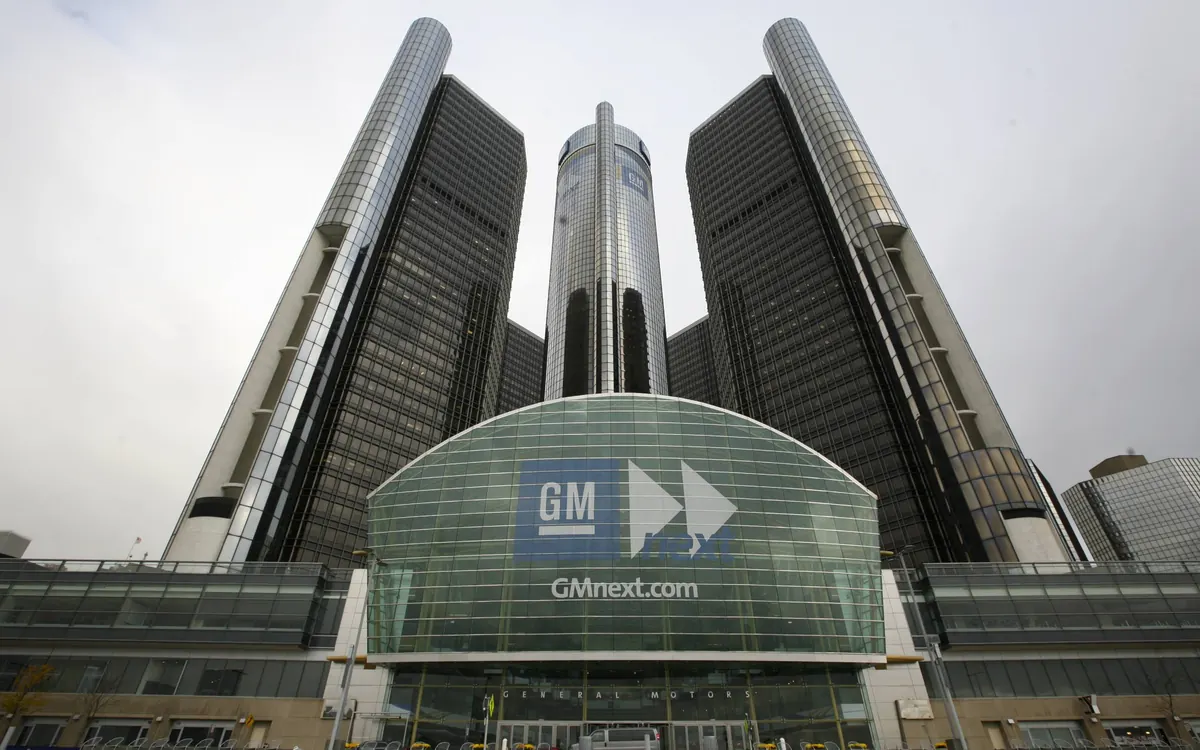 General Motors headquarters at the Renaissance Center in Detroit with a GM logo over the entrance