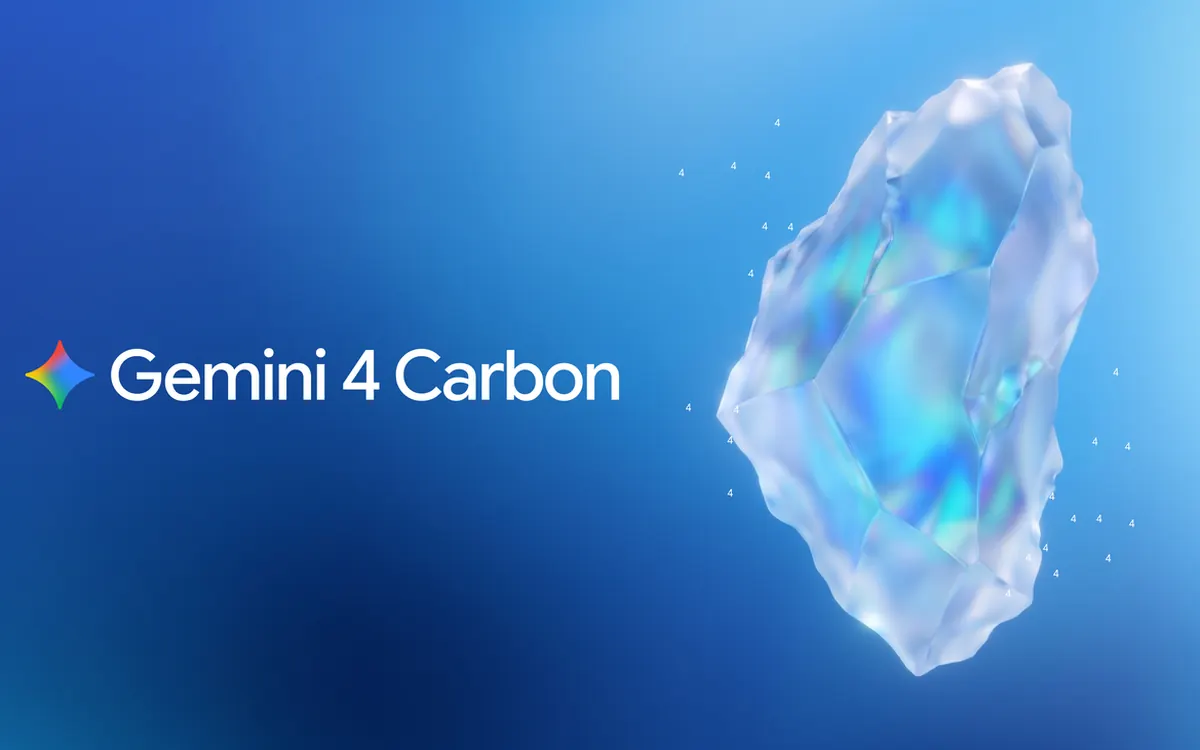 Иллюстрация к анонсу Google Gemini 4 Carbon: логотип Gemini рядом с полупрозрачным кристаллом на синем фоне
