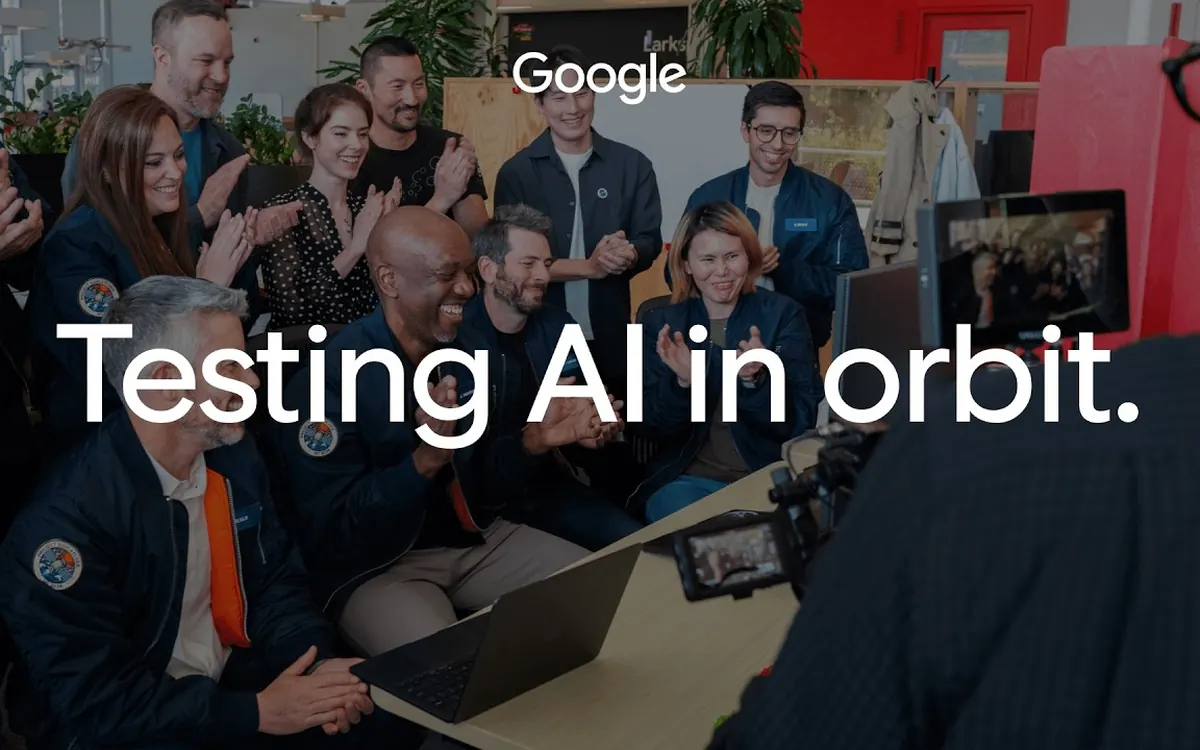 Команда Google Project Suncatcher біля ноутбуків і екранів під написом «Testing AI in orbit.»