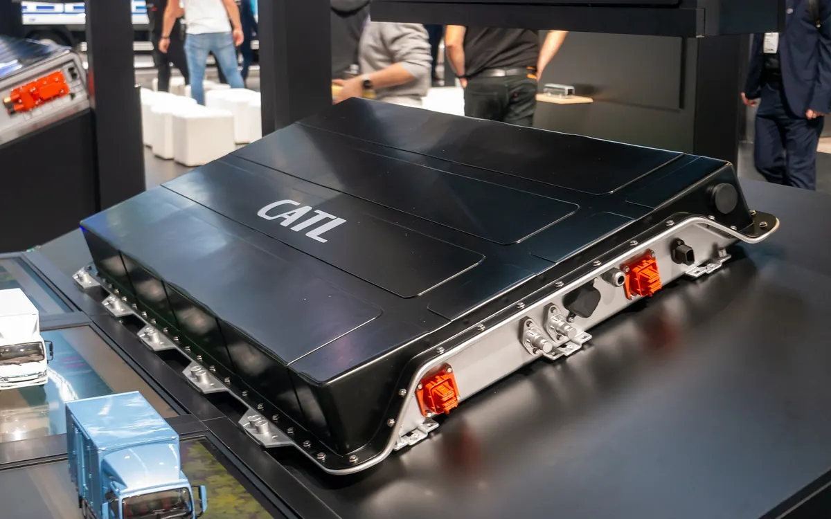 Black CATL EV battery pack on display at IAA Transportation 2024 in Hanover (illustrative photo, not a Choco swap battery)