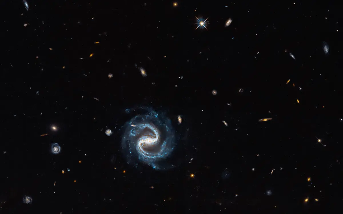 Снимок Hubble: большая спиральная галактика с перемычкой среди далёких галактик, внизу справа — маленькая гравитационная линза