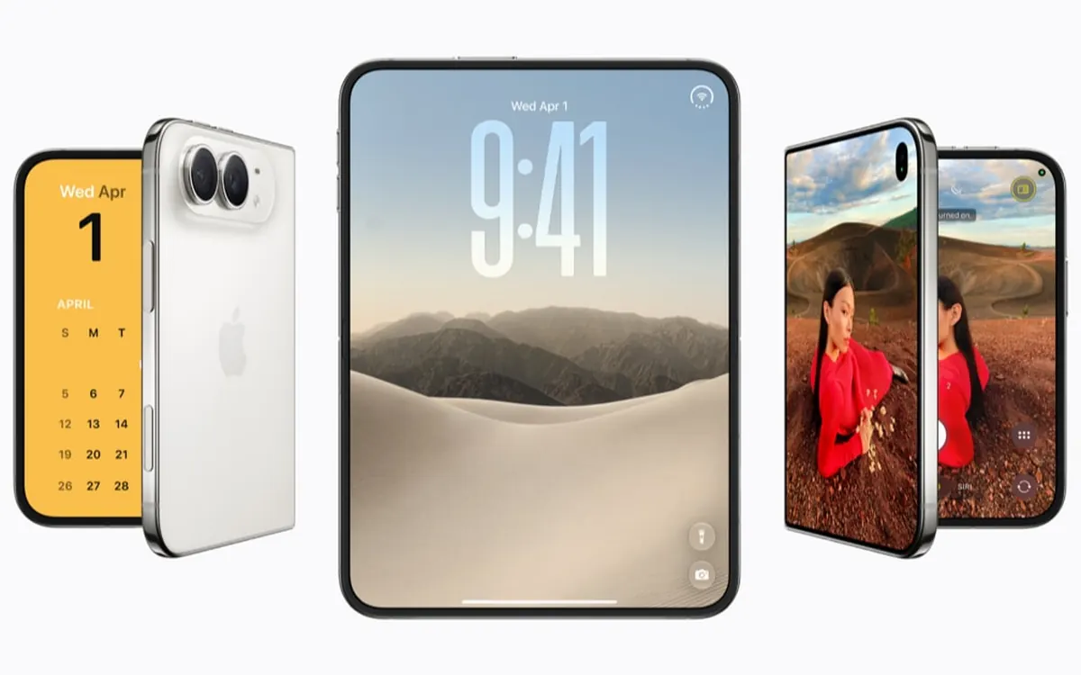 iPhone Duo у складеному вигляді із зовнішнім екраном і розкладений із великим внутрішнім дисплеєм, пресзображення Apple