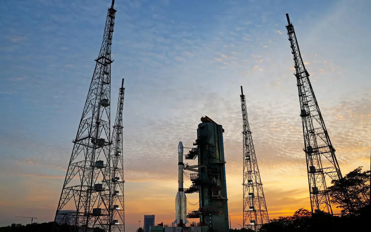 ISRO's GSLV-F18 rocket with the NVS-03 satellite on the second launch pad at Sriharikota at dusk before launch