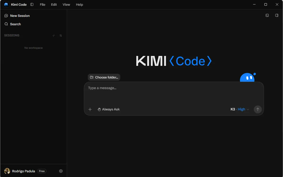 Знімок екрана застосунку Kimi Code для комп'ютера (ілюстрація, попередня версія)