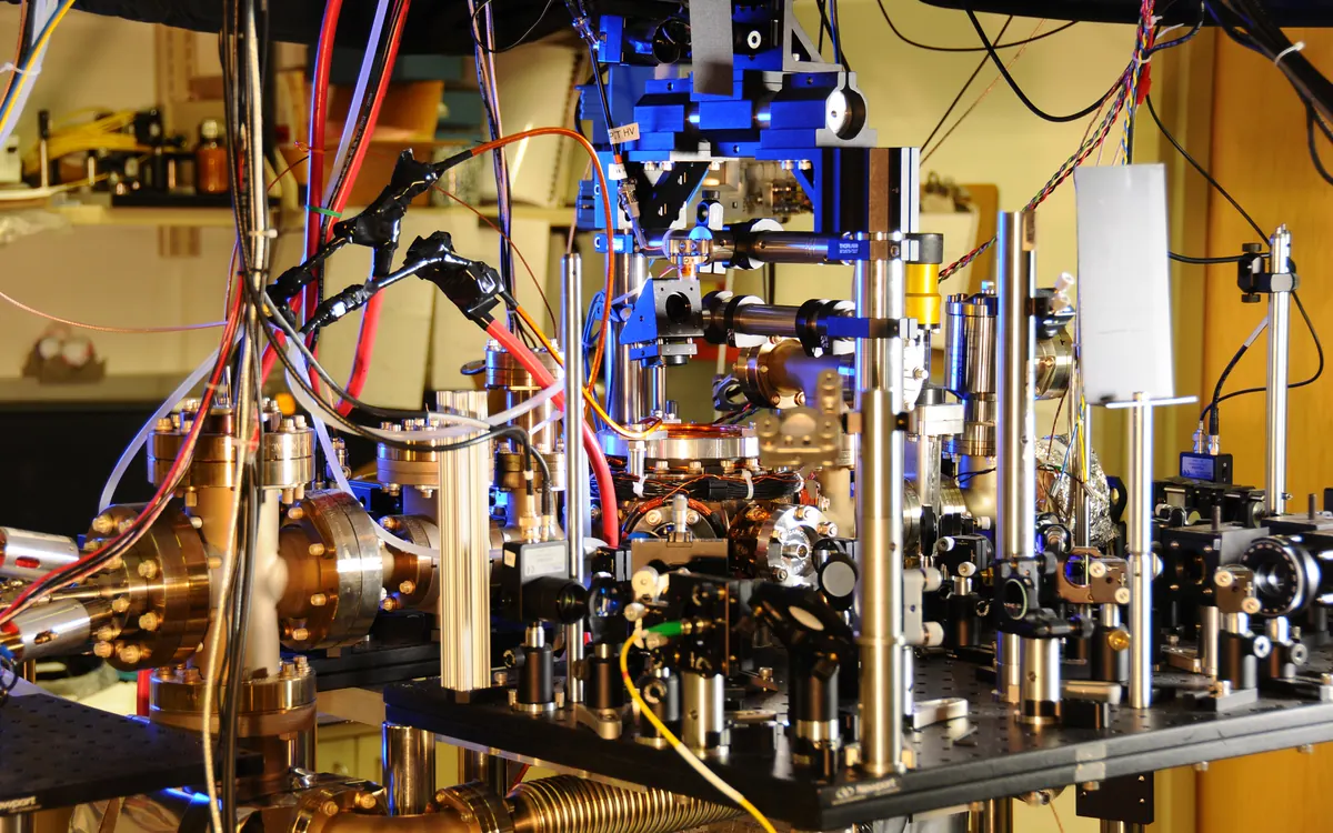 NIST ytterbium lattice atomic clock, a laser-filled lab bench of optics and wiring