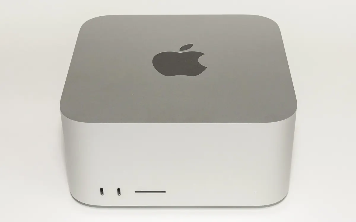 Front of a silver Mac Studio desktop on a white background (earlier 2022 model, illustrative photo)