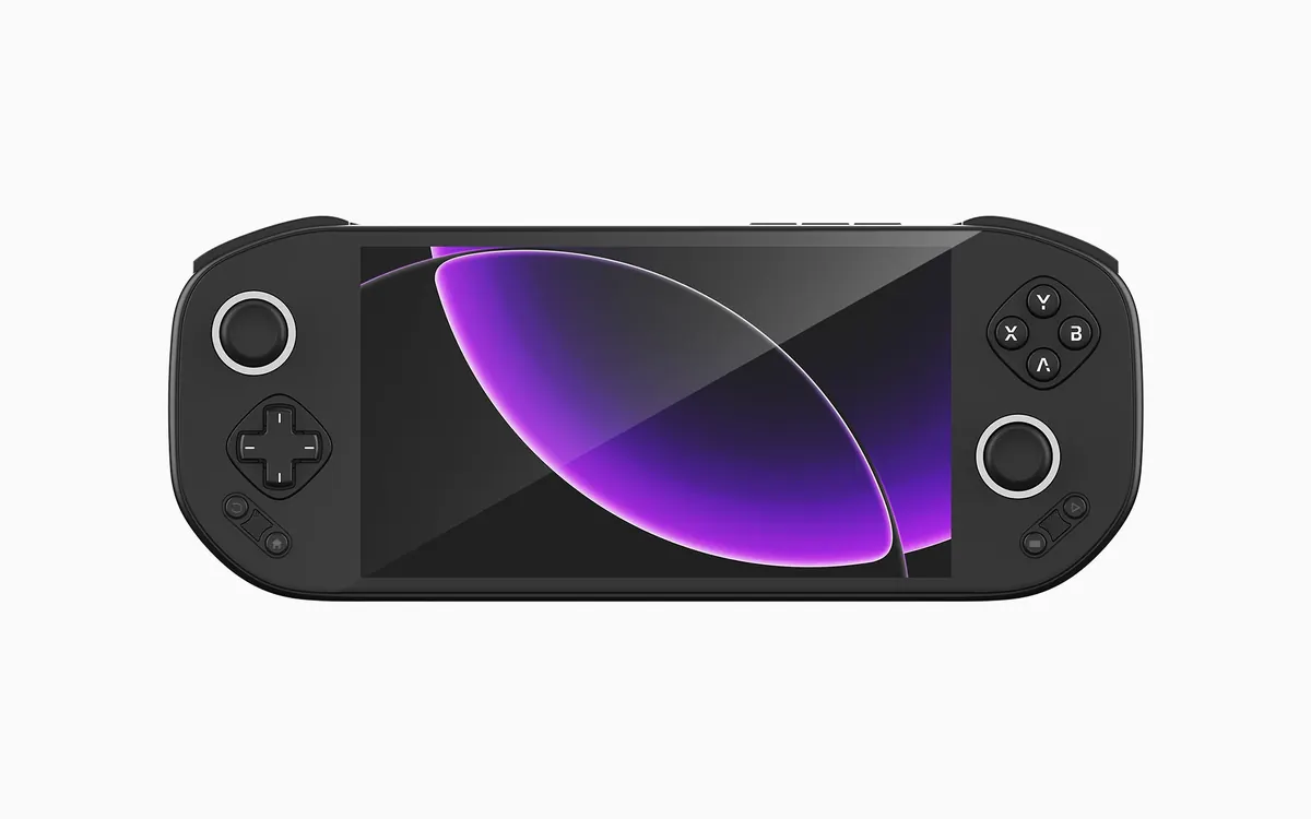 Black MANGMI Pocket Max Android gaming handheld seen from the front with its 7-inch screen