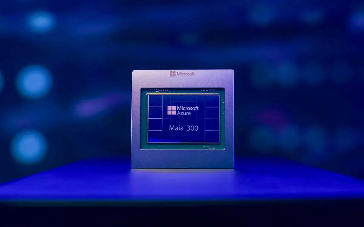 Render of the Microsoft Azure Maia 300 chip on a blue background