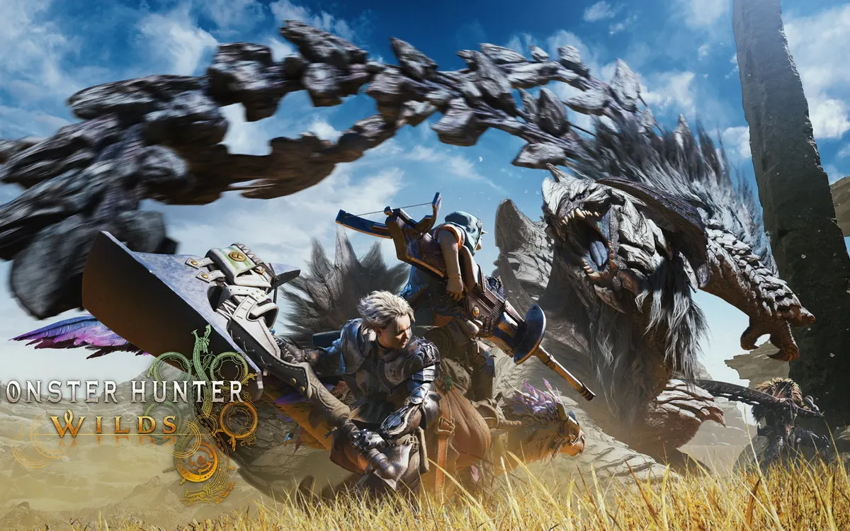 Monster Hunter Wilds key art: armoured hunters with large weapons face a huge spiked monster on a golden grassy plain
