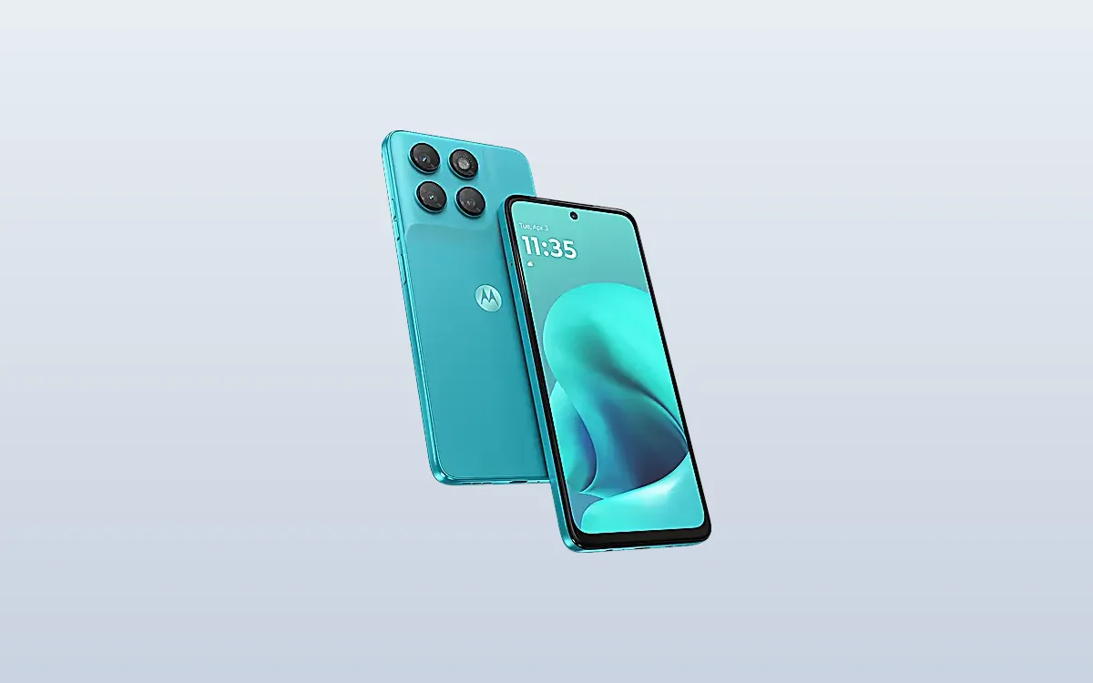 Смартфон Moto G47 Power в цвете Pantone Capri, вид спереди и сзади, изображение Motorola