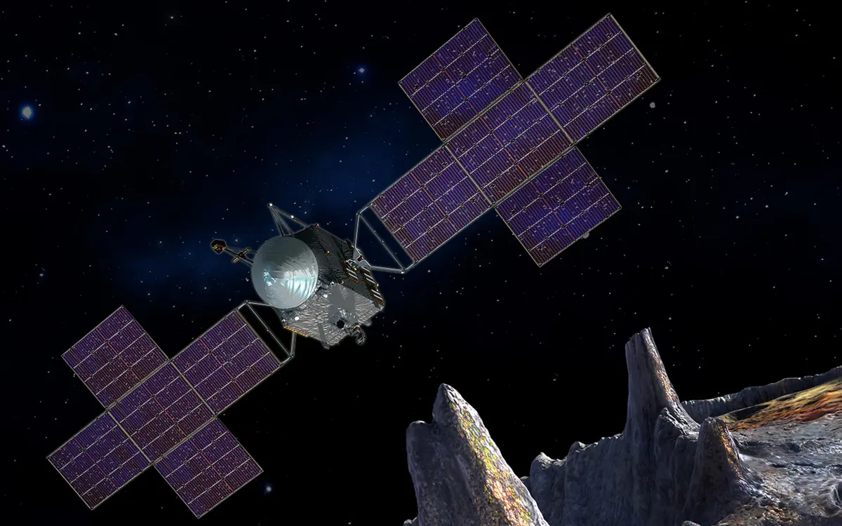 Художнє зображення зонда NASA Psyche з хрестоподібними сонячними панелями, що наближається до металевого астероїда Психея