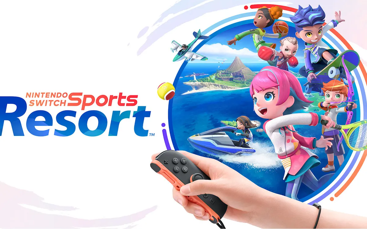 Nintendo Switch Sports Resort key art: cartoon athletes with a tennis racket, skateboard and jet ski around an island, and a hand holding an orange Joy-Con 2