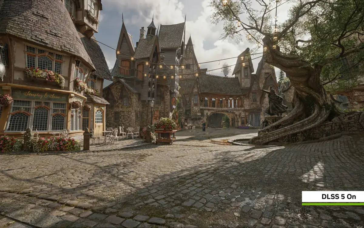 Hogwarts Legacy village street at dusk rendered with NVIDIA DLSS 5 turned on