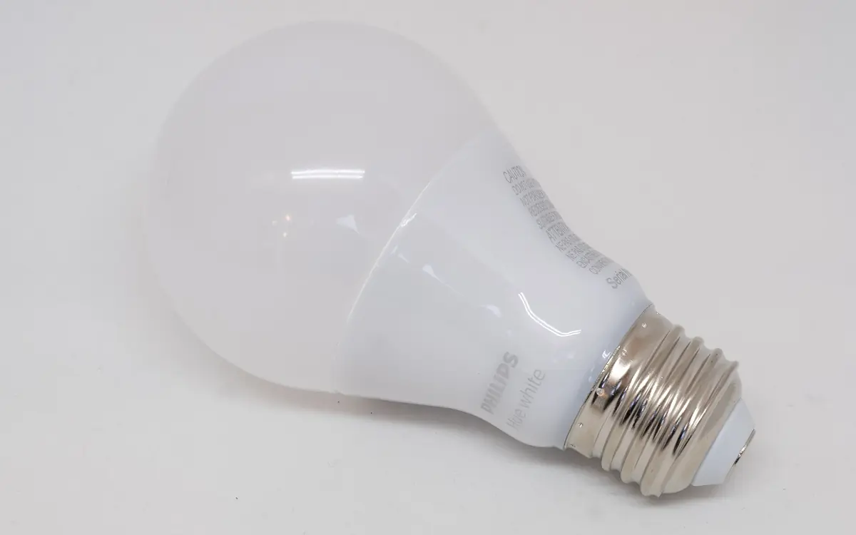 A Philips Hue white smart bulb