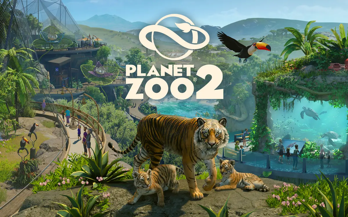 Official Planet Zoo 2 key art showing zoo animals and habitat scenes