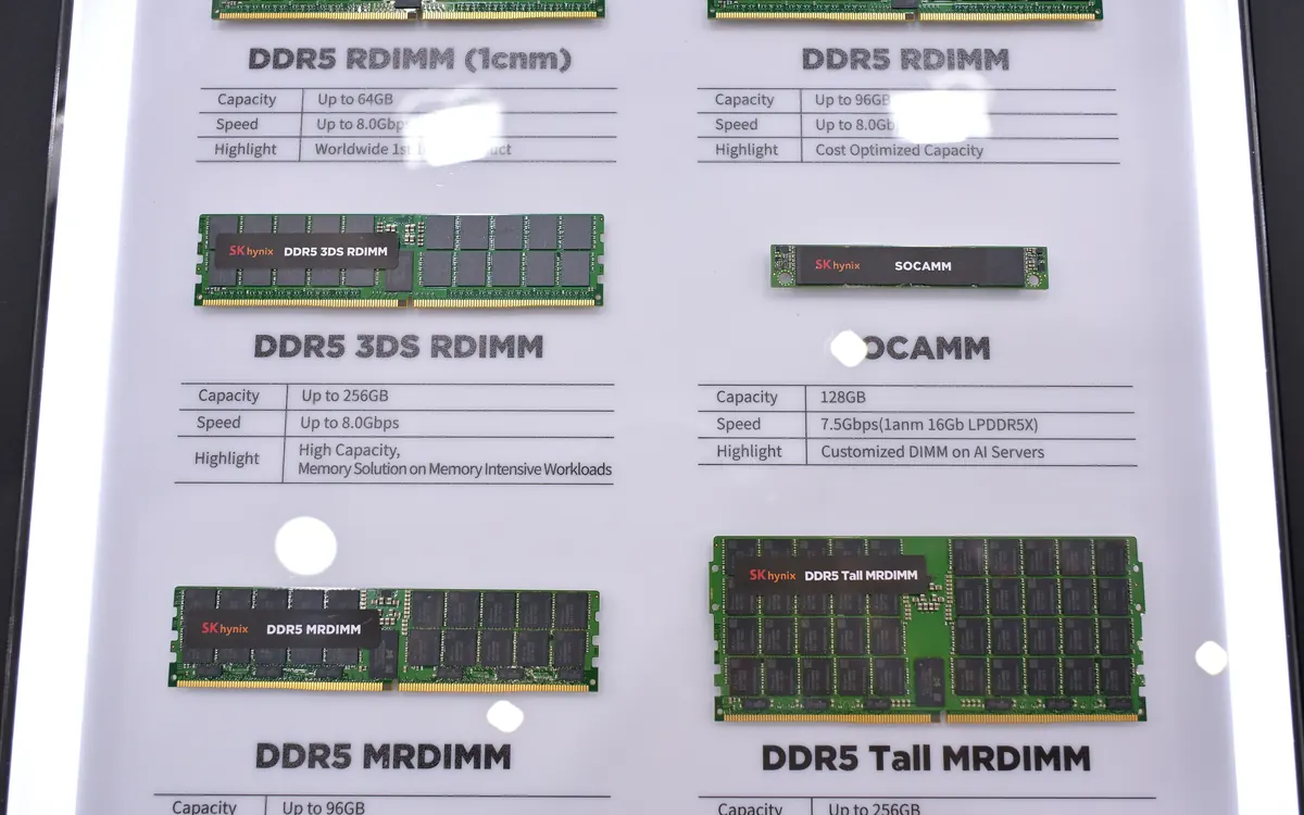 Серверные модули памяти SK hynix DDR5 — RDIMM, MRDIMM и SOCAMM — на выставочном стенде