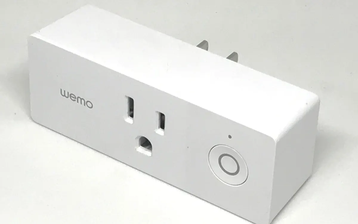 A white Wemo Mini smart plug with a US socket and a power button (illustrative photo)