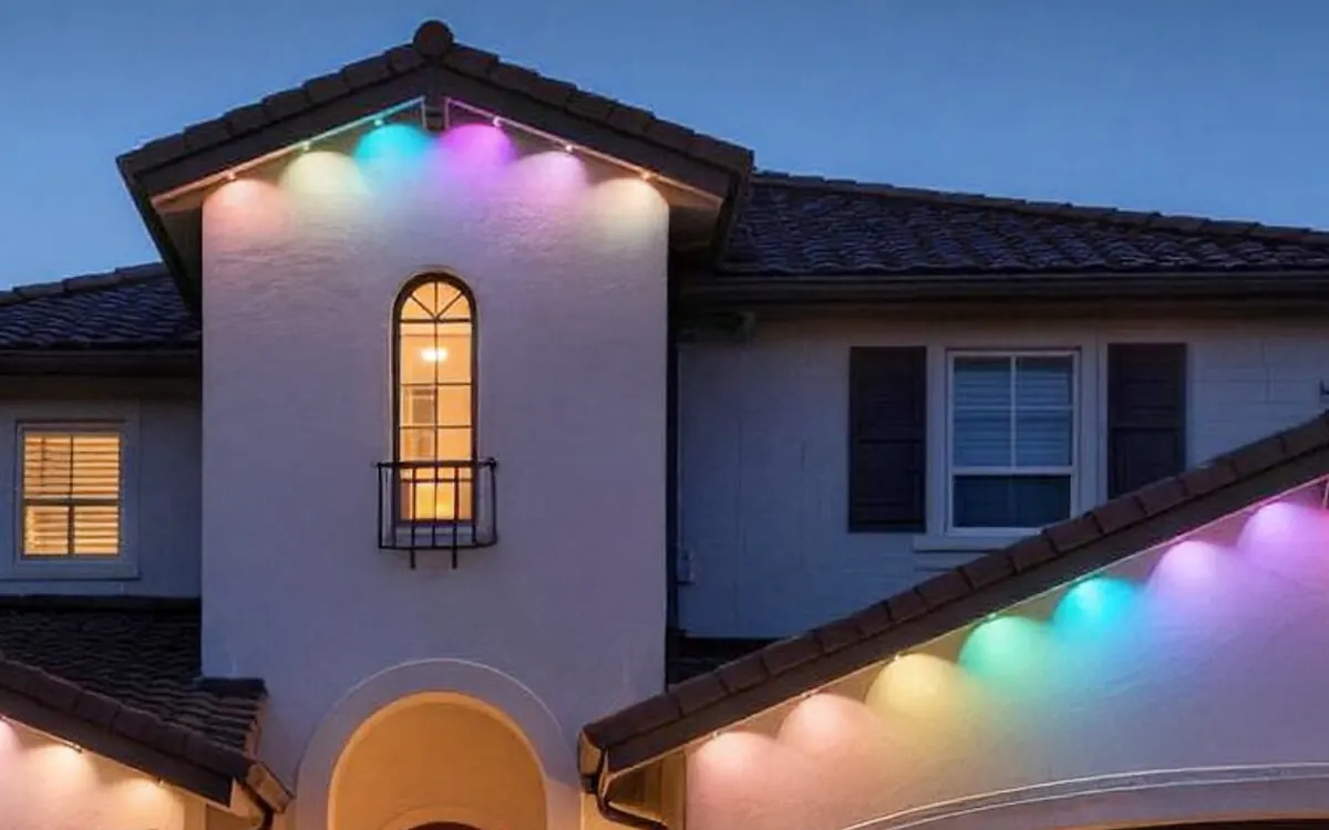A house at dusk with SwitchBot Permanent Outdoor Lights glowing in rainbow colours under the roof eaves