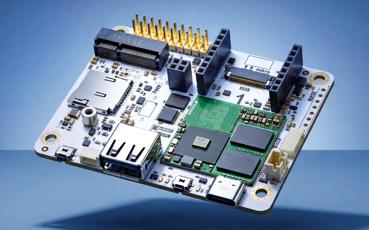 Synaptics Coralboard developer board with a green processor module, USB ports and header pins (Coralboard SL, illustrative of the platform)
