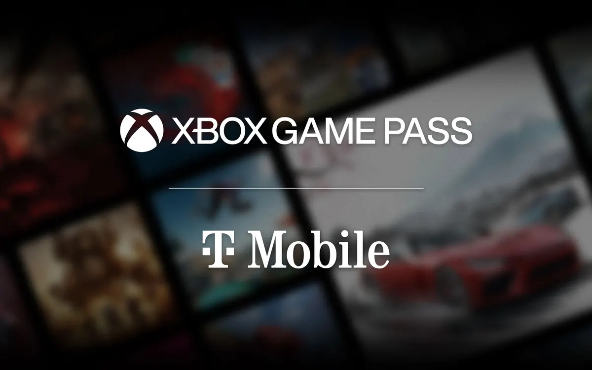 Логотипы Xbox Game Pass и T-Mobile на фоне размытой сетки обложек игр