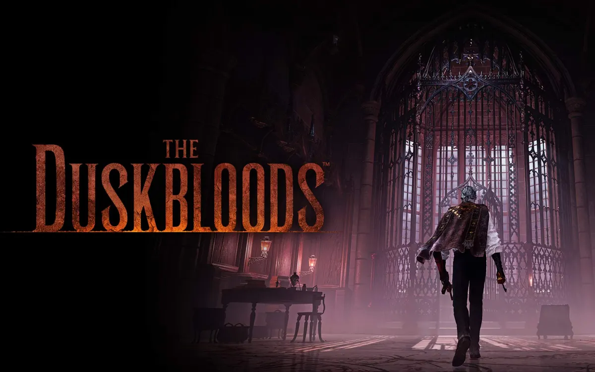 Ключевой арт The Duskbloods: одинокий охотник идёт по готическому залу с высокими витражами