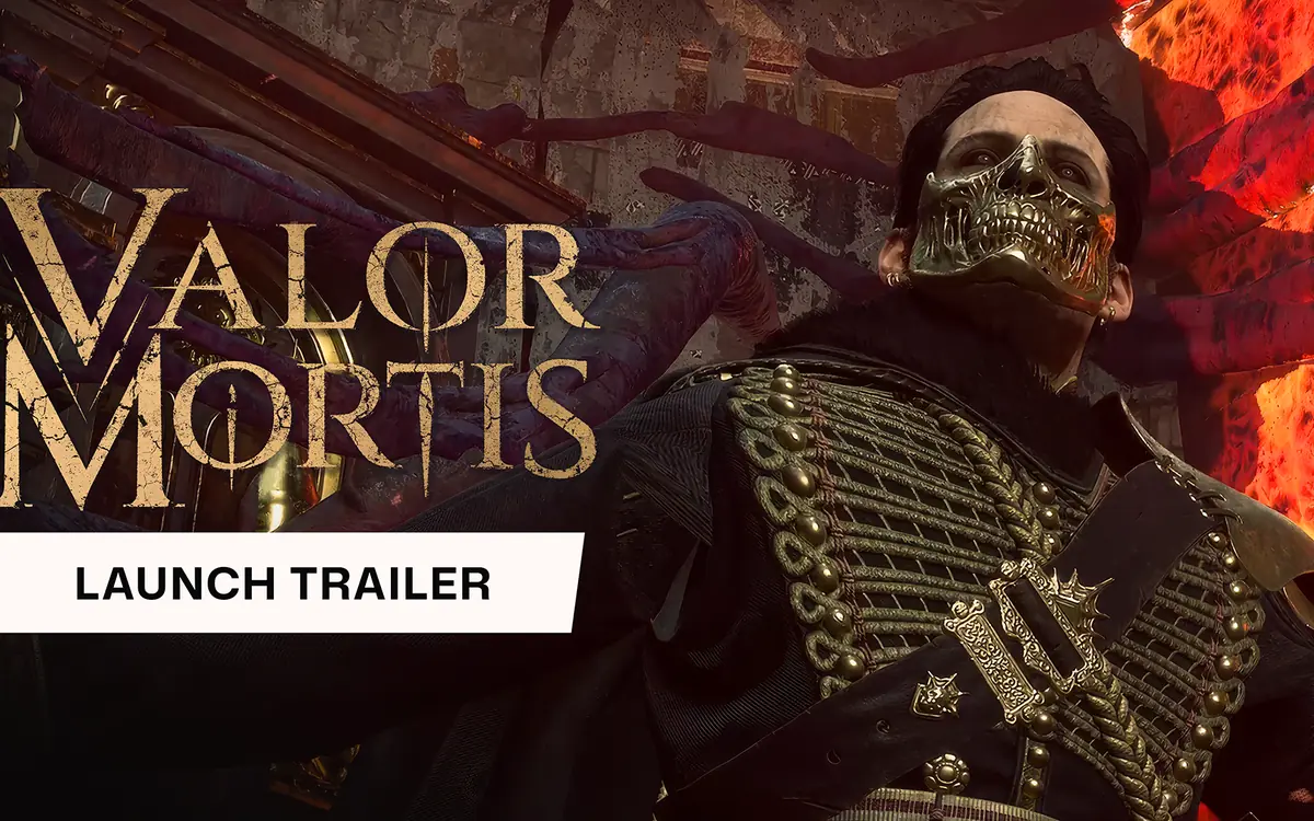 Valor Mortis launch trailer artwork showing a masked soldier in a Napoleonic uniform
