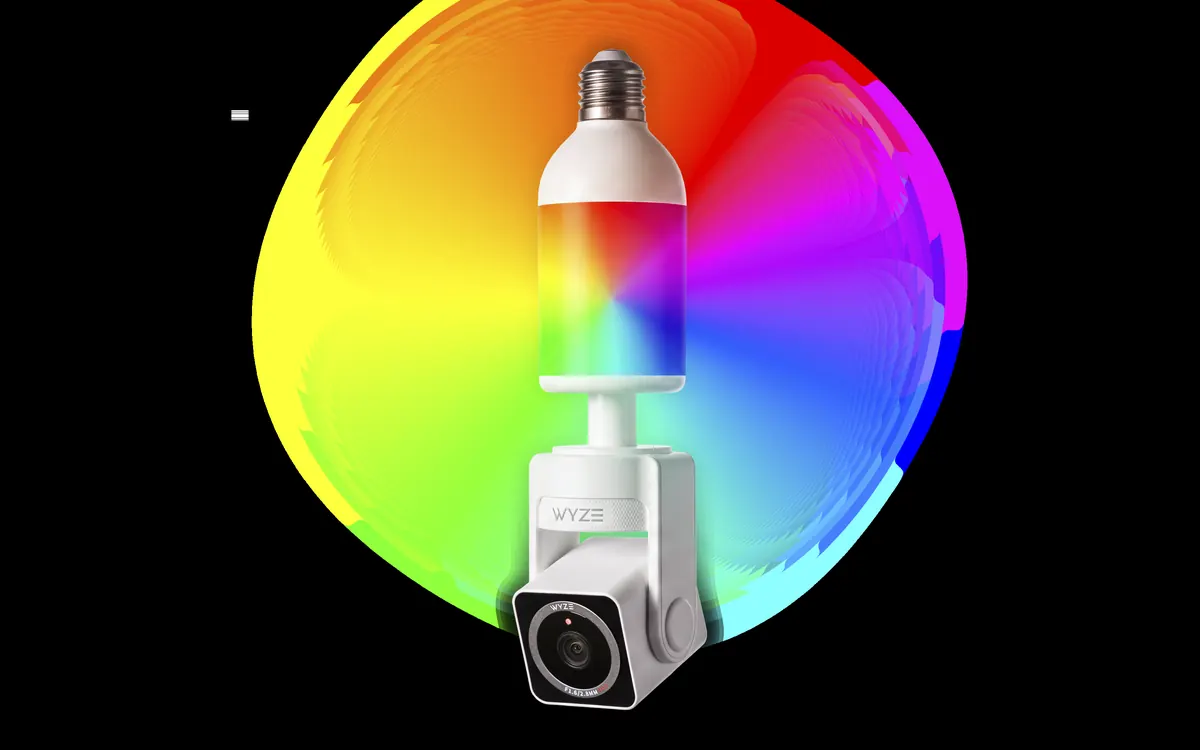 Wyze Bulb Cam Pan Color: a white light bulb glowing in rainbow colours above a pan-and-tilt camera head, Wyze product image